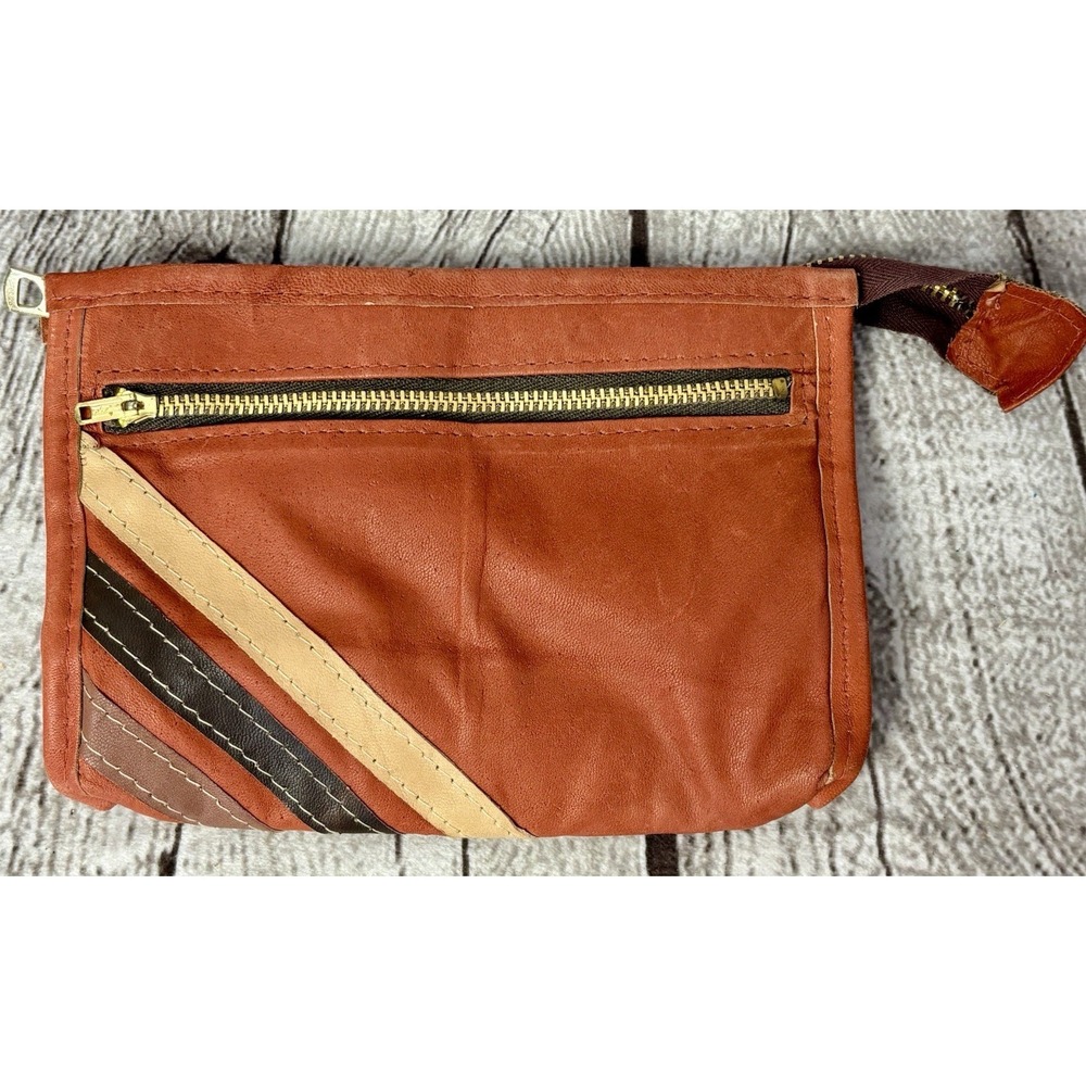 Vintage Leather 70s Clutch Purse Pouch Made in Hong Kong Retro Stripes Brown 7x5